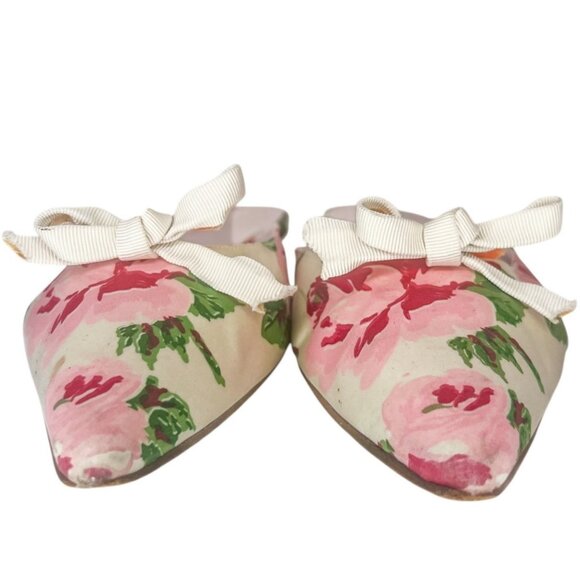 LK BENNETT Peony Floral Print Slip-On Mules 39 US 8 Pointed Toe Pink White Flats - Picture 3 of 9